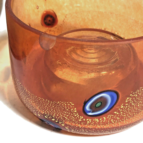 Orange Clear Art Glass Tealight Votive Candle Holder Hand Blown Millefiore - Picture 3 of 11